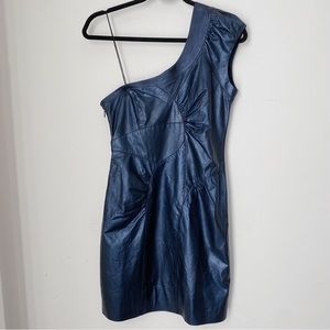 Richard Chai RTW One Shoulder Ruched Blue Leather Party Dress Silk Lined 4 USA